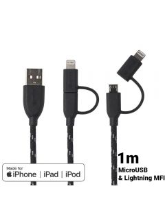 Cablu MicroUSB & Lightning MFI Boompods Duo Black (1m, impletitura textila)