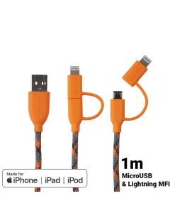 Cablu MicroUSB & Lightning MFI Boompods Duo Orange (1m, impletitura textila)