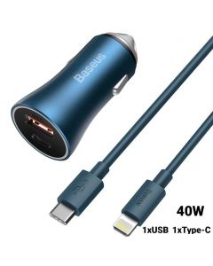 Incarcator Auto USB si Type-C Baseus Golden Contactor Pro Dual Quick Charger Blue + Cablu Type-c la