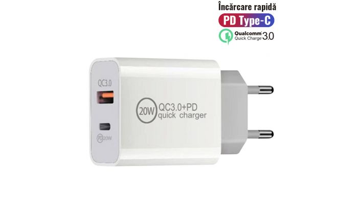 Lemontti Incarcator Retea Fast Charge 20W 2 porturi PD Type-C + USB-A Quick Charge 3.0 Alb
