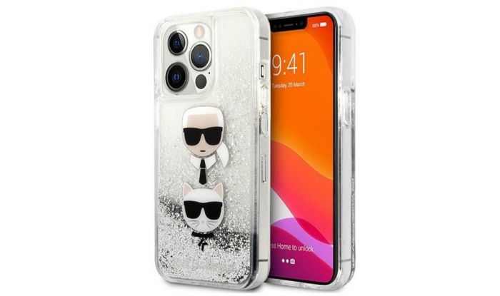 Husa iPhone 13 Pro Max Karl Lagerfeld Liquid Glitter Karl&Choupette Head Argintiu